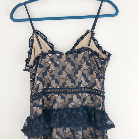 J.O.A Navy Blue Nude Lace Tiered Skirt Dress size Small - Picture 7 of 10